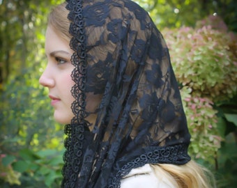 Evintage Veils~READY TO SHIP "Our Lady of the Fields" Black Roses Chapel Veil Mantilla Wrap Veil