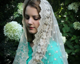 Evintage Veils~ Our Lady of the Lily  Gold Embroidered  Lace Chapel Veil Mantilla D Shape: Long or Short