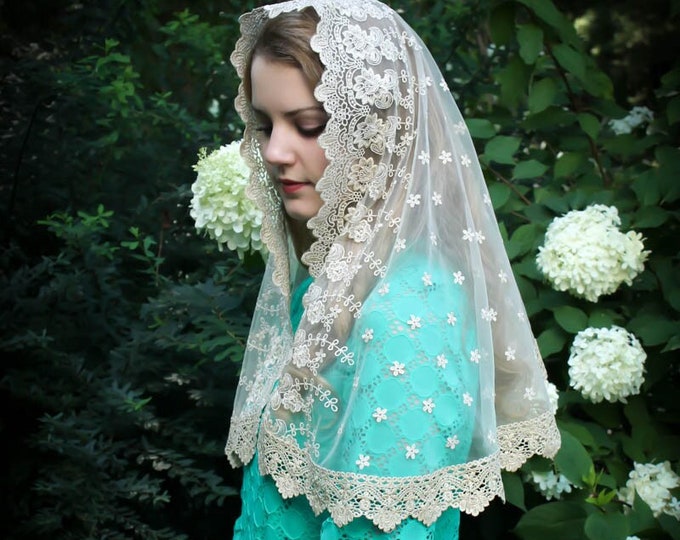 Evintage Veils~READY TO SHIP  Our Lady of the Lily  Gold Embroidered  Lace Chapel Veil Mantilla D Shape