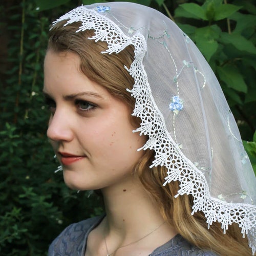 Evintage Veils~St. Therese Little Flower Ivory/Marian Blue  Princess Style Traditional Catholic Embroidered  Lace  Mantilla Chapel Veil