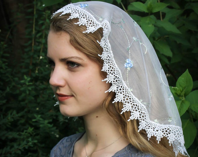 Evintage Veils~St. Therese Little Flower Ivory/Marian Blue  Princess Style Traditional Catholic Embroidered  Lace  Mantilla Chapel Veil