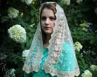 Evintage Veils~ Our Lady of the Lily  Gold Embroidered  Lace Chapel Veil Mantilla D Shape