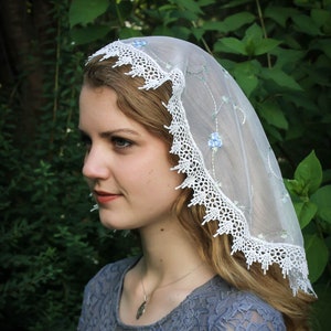 Evintage Veils~St. Therese Little Flower Ivory/Marian Blue  Princess Style Traditional Catholic Embroidered  Lace  Mantilla Chapel Veil