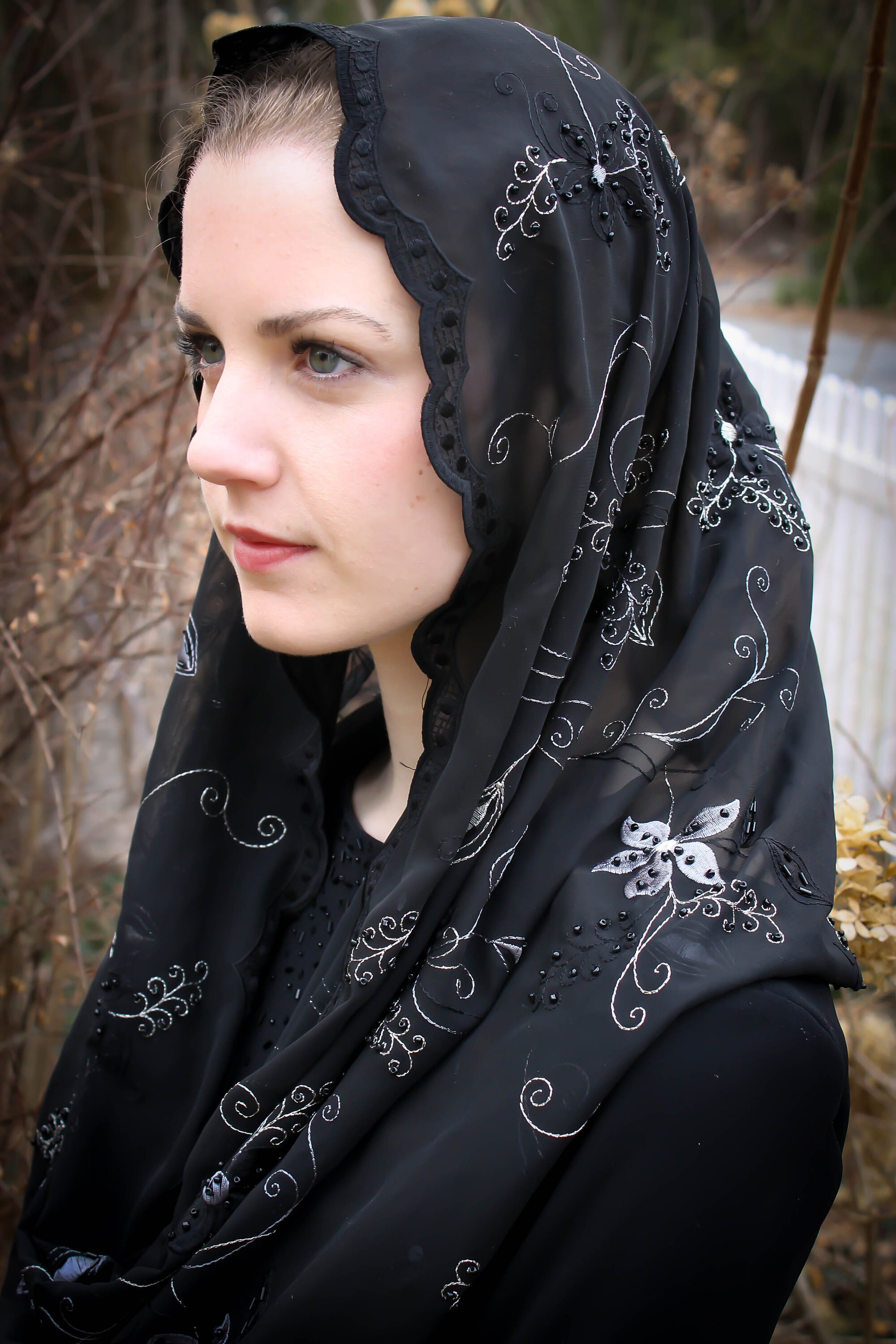 Evintage Veils Queen of Peace Soft Black Beaded Embroidered Lace