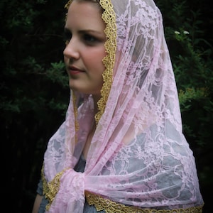 Evintage Veils~ READY TO SHIP Mystical Rose Pink and Gold  Lace Mantilla Chapel Veil  Mantilla Shawl Wrap