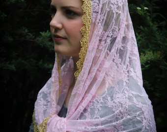 Evintage Veils~ READY TO SHIP Mystical Rose Pink and Gold  Lace Mantilla Chapel Veil  Mantilla Shawl Wrap