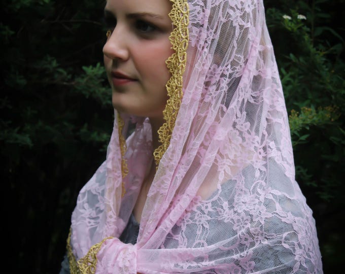 Evintage Veils~ READY TO SHIP Mystical Rose Pink and Gold  Lace Mantilla Chapel Veil  Mantilla Shawl Wrap