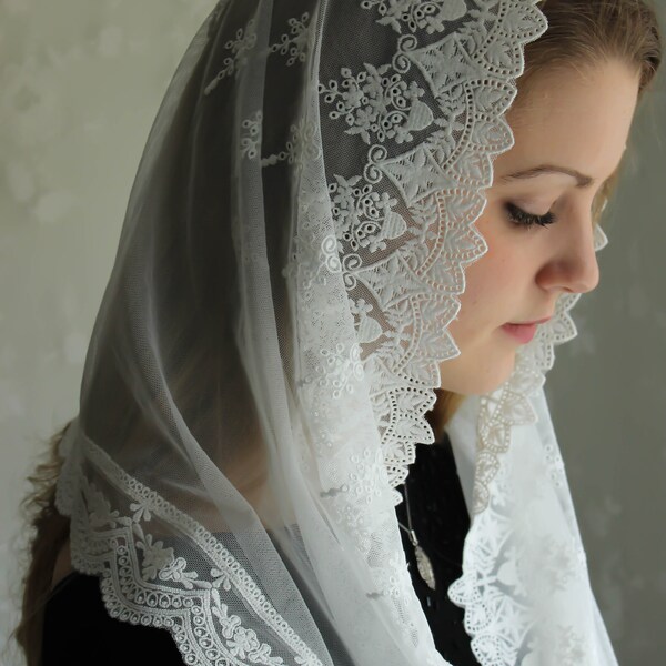 Evintage: "Our Lady of the Doves"  Lace Infinity Mantilla Chapel Veil White Embroidered