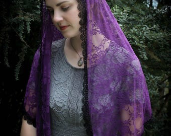 Evintage Veils~"Our Lady of the Fields" Rich Purple and Black Chapel Veil Mantilla Wrap Veil Advent Lent Veil