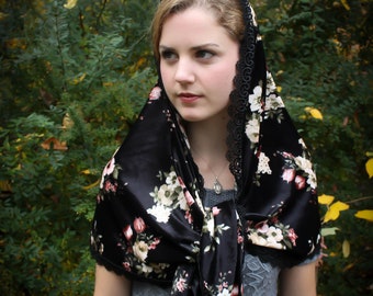 Evintage Veils~ Black Velvet Floral Bouquet  Wrap Mantilla Floral Vintage Inspired Lace Chapel Veil Scarf Mantilla-