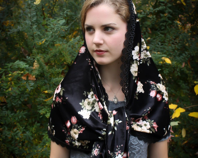 Evintage Veils~ Black Velvet Floral Bouquet  Wrap Mantilla Floral Vintage Inspired Lace Chapel Veil Scarf Mantilla-