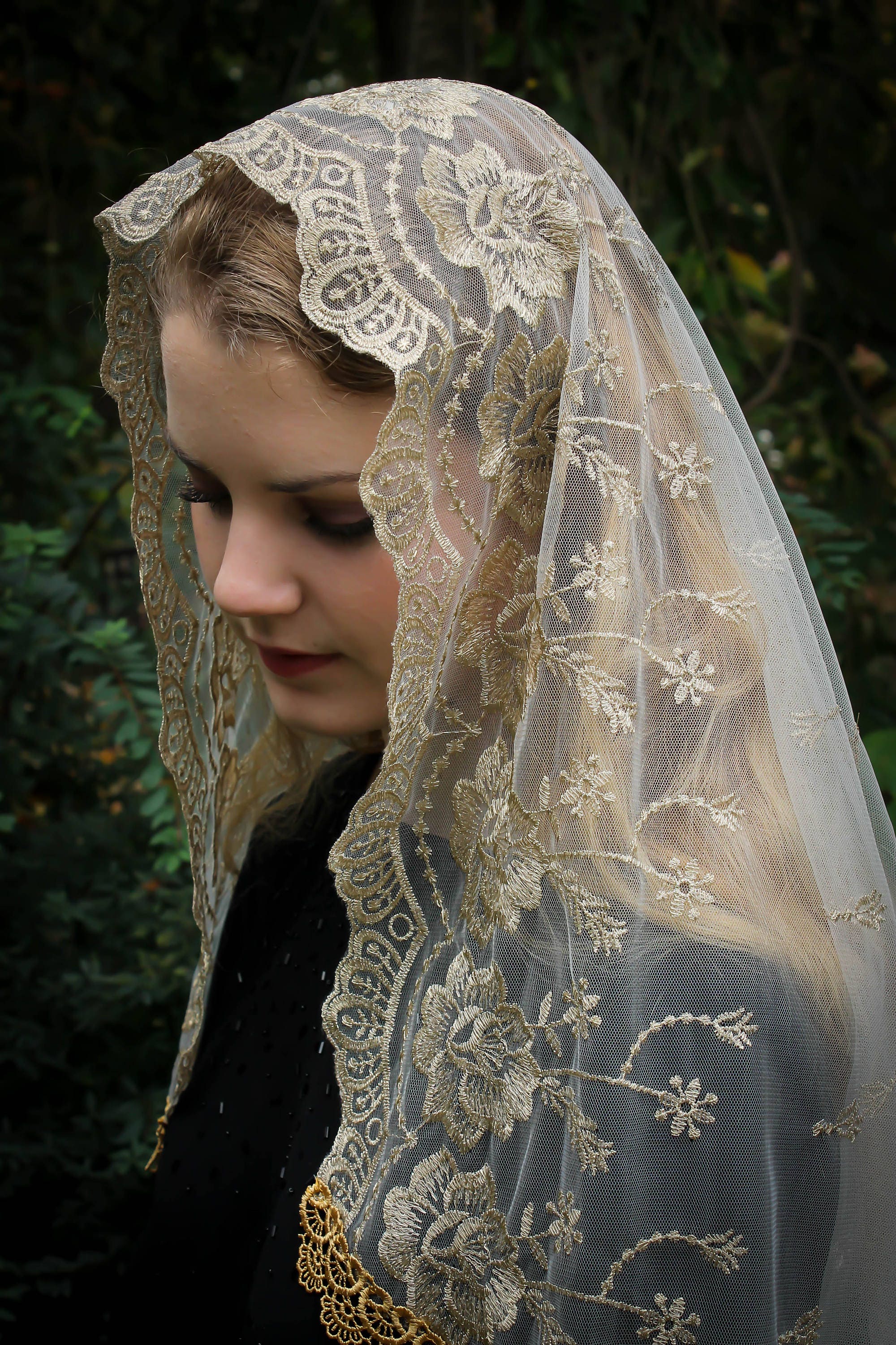 Evintage Veils Our Lady of Guadalupe Floral Gold & Ivory Embroidered D