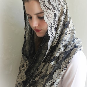 Evintage Veils~  Embroidered Lace Burnished Gold and Black Lace Chapel Veil Mantilla Infinity Veil Latin Mass