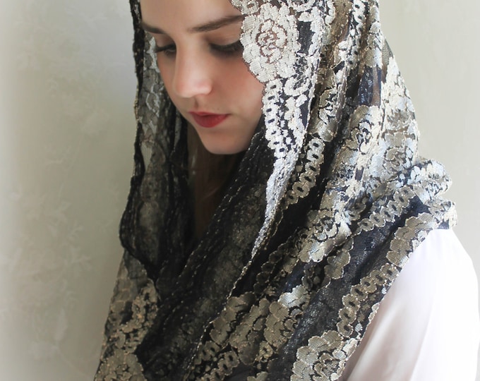 Evintage Veils~  Embroidered Lace Burnished Gold and Black Lace Chapel Veil Mantilla Infinity Veil Latin Mass
