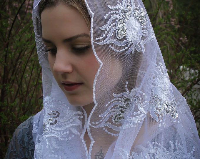 Evintage Veils~ Queen of Peace  White/Silver  Sequin Embroidered Lace Chapel Veil Mantilla Infinity Veil Latin Mass