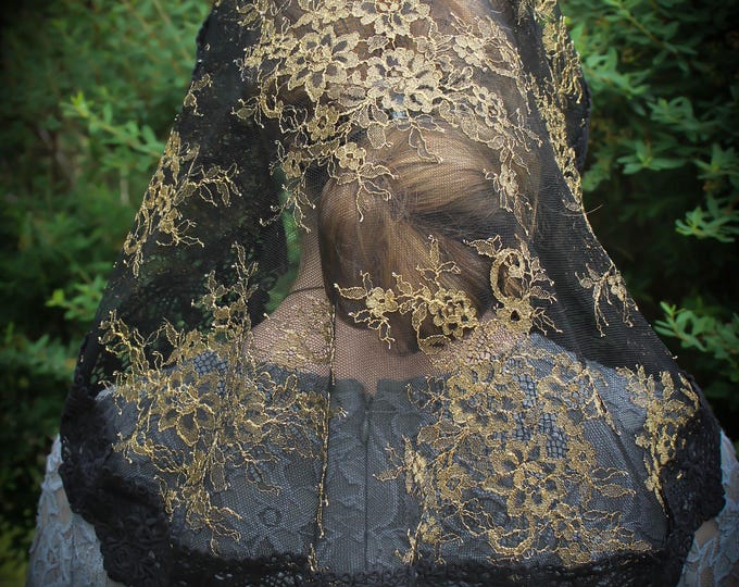 Evintage Veils~ Princess Style Black and Gold Lace  Traditional Catholic Lace  Mantilla Chapel Veil