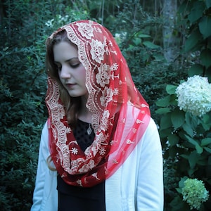 Evintage Veils~ READY TO SHIP Our Lady of Guadalupe Lovely Pentecost Red Embroidered  Traditional Infinity Veil Mantilla Chapel Veil