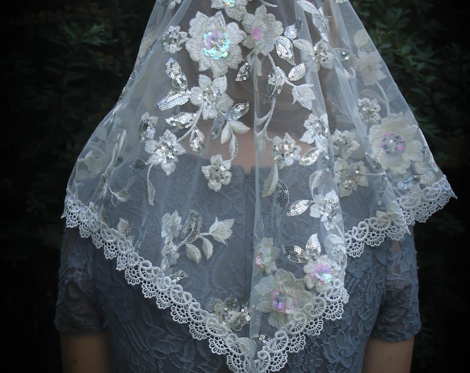 Evintage Veils~ READY TO SHIP Silver & White Ornate Triangle Shaped Embroidered  Lace Chapel Veil Mantilla