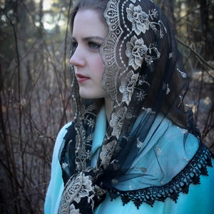 Evintage Veils~ Our Lady of Guadalupe Lovely Black &Gold Embroidered  Traditional Vintage Inspired Wrap-Style Veil Mantilla Chapel Veil