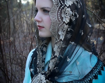 Evintage Veils~ Our Lady of Guadalupe Lovely Black &Gold Embroidered  Traditional Vintage Inspired Wrap-Style Veil Mantilla Chapel Veil