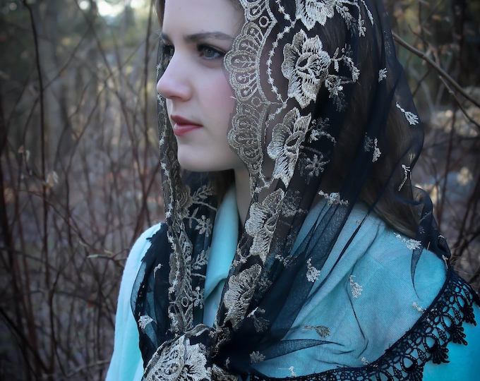 Evintage Veils~ Our Lady of Guadalupe Lovely Black &Gold Embroidered  Traditional Vintage Inspired Wrap-Style Veil Mantilla Chapel Veil