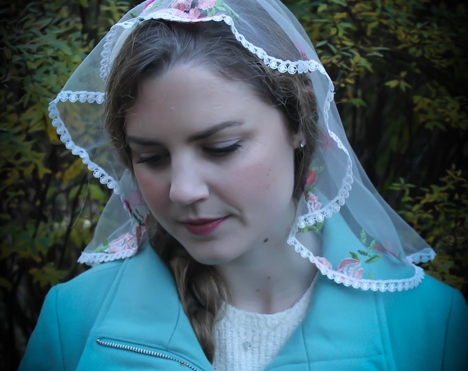 Evintage Veils~ Floral "Joyful Mysteries"  Princess Style Traditional Catholic Embroidered  Lace  Mantilla Chapel Veil