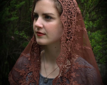 Evintage Veils~ Traditional Soft Lace French Chapel Veil Soft Brown Mantilla: D Shape
