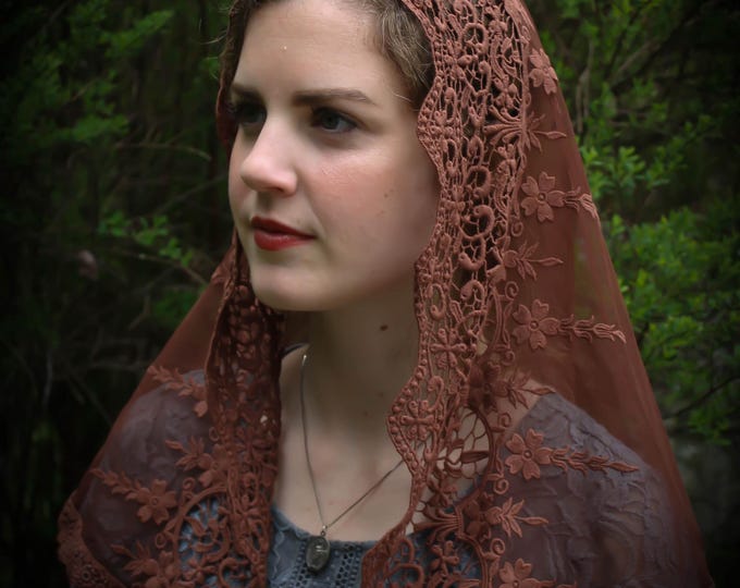 Evintage Veils~ Traditional Soft Lace French Chapel Veil Soft Brown Mantilla: D Shape