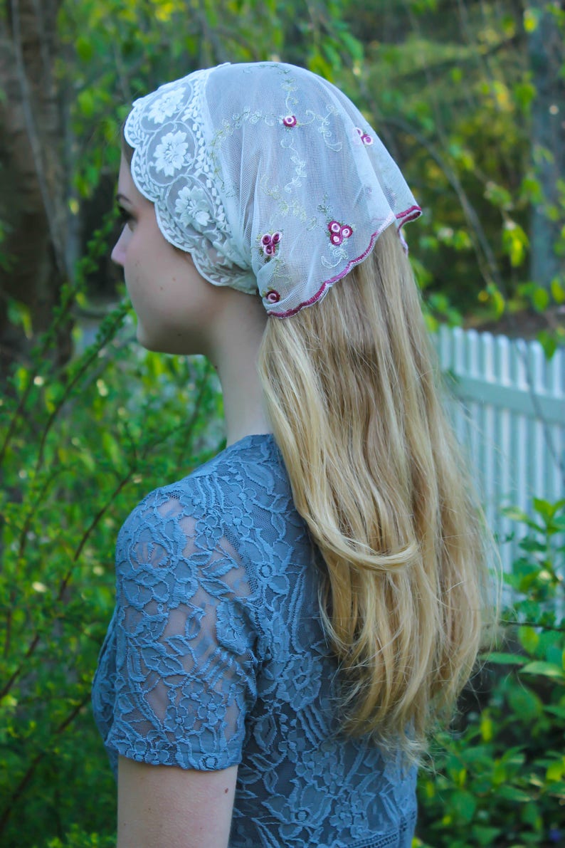 Evintage Veils St. Therese Little Flower& Lace Vintage-Inspired Headband Kerchief Tie-style Head Covering Church Veil image 6