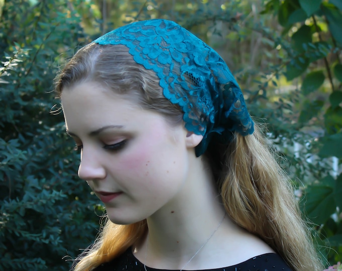 Evintage Veils~ Dark Green* Lace So Soft Headwrap  Headband Kerchief Tie-style Head Covering Church Veil