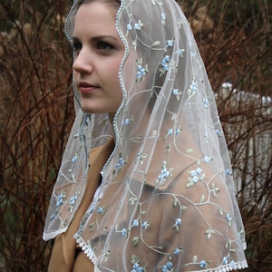 Evintage VeilsREADY TO SHIP Traditional D Shape Veil St. Therese Little Flower Marian Blue or Blush Rose Chapel Veil D Shape image 4