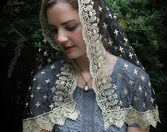 Evintage Veils~ Holy Cross Gold Embroidered  Traditional Vintage Inspired D Shape Mantilla Chapel Veil