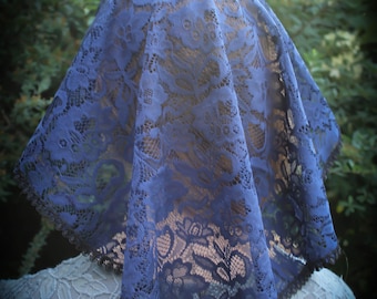 Evintage Veils~ Princess Style Navy and Pearl  Trim  Traditional Catholic Lace Chapel Veil