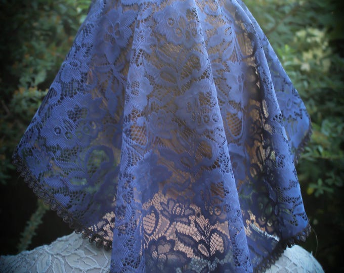 Evintage Veils~ Princess Style Navy and Pearl  Trim  Traditional Catholic Lace Chapel Veil