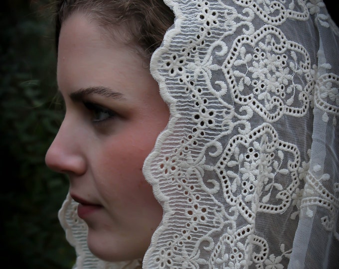 Evintage Veils~ READY TO SHIP Our Lady of Angels** Antique Ivory  Vintage Inspired Lace Chapel Veil Mantilla Infinity Veil
