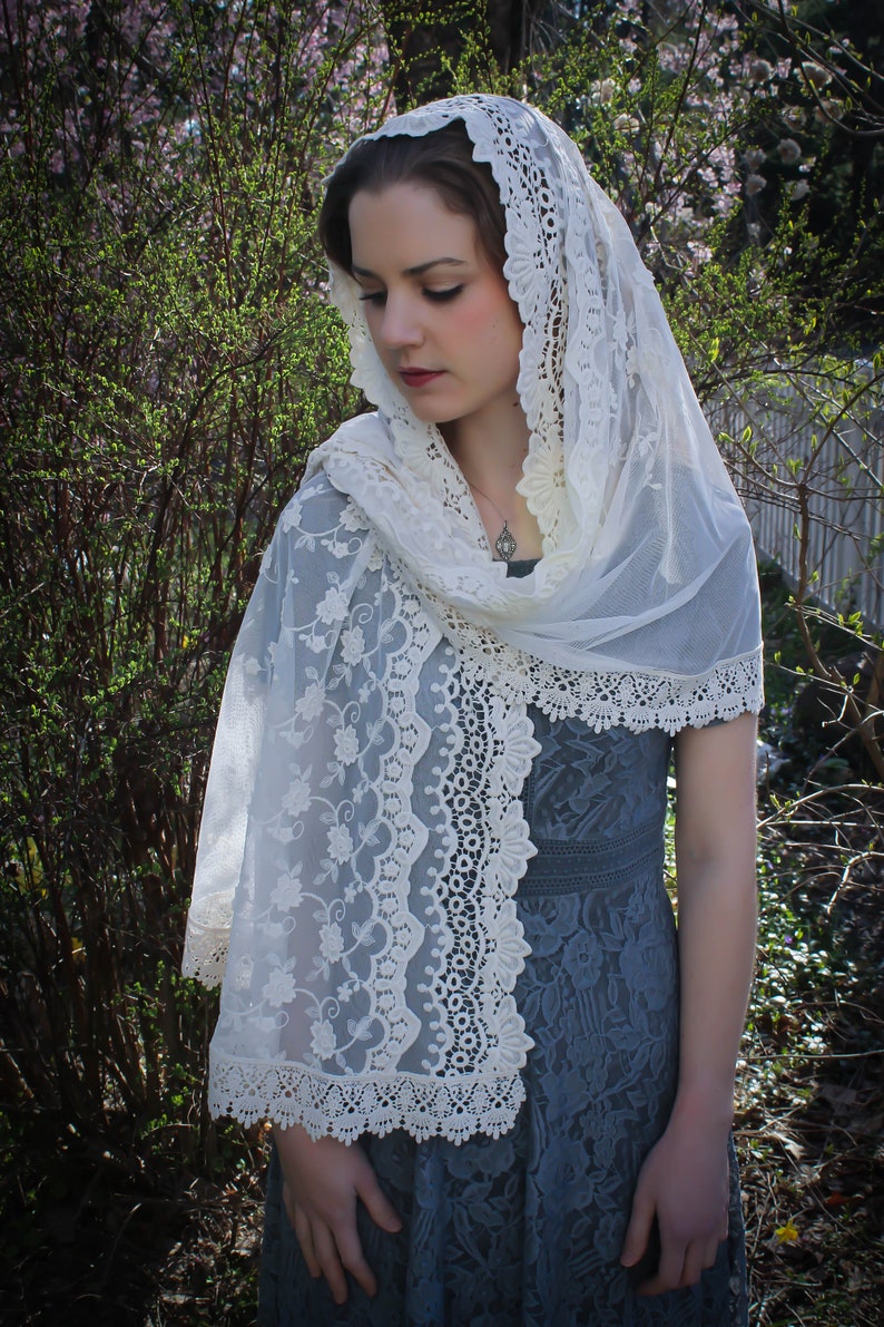 Evintage VeilsOur Lady of Guadalupe Ivory or Black Wrap-Style Chapel Veil Mantilla Latin Mass image 5