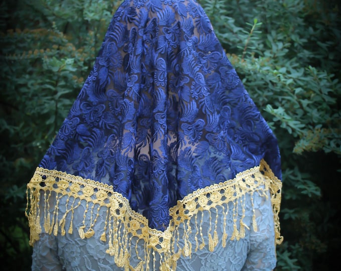 Evintage Veils~ Embroidered Rich Blue Triangle Shaped Embroidered  Lace Chapel Veil Mantilla