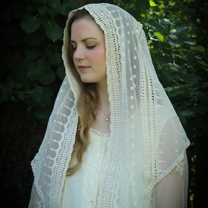 May include: A white lace veil with a delicate floral pattern. The veil is worn over a white dress with a button-up front.