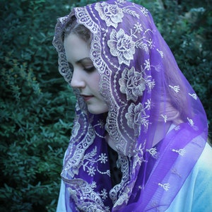 Evintage Veils~READY TO SHIP  Our Lady of Guadalupe Lovely Advent/Lent Purple &Gold   TraditionaL Infinity Veil Mantilla Chapel Veil