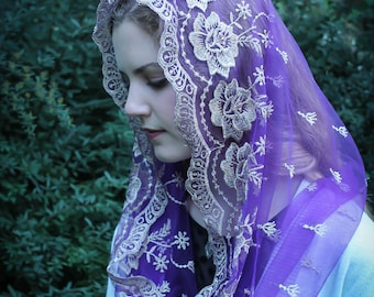 Evintage Veils~READY TO SHIP  Our Lady of Guadalupe Lovely Advent/Lent Purple &Gold   TraditionaL Infinity Veil Mantilla Chapel Veil