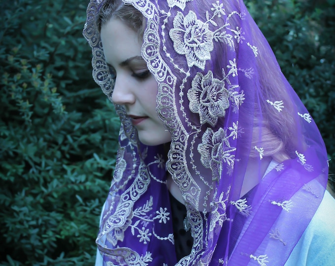 Evintage Veils~READY TO SHIP  Our Lady of Guadalupe Lovely Advent/Lent Purple &Gold   TraditionaL Infinity Veil Mantilla Chapel Veil