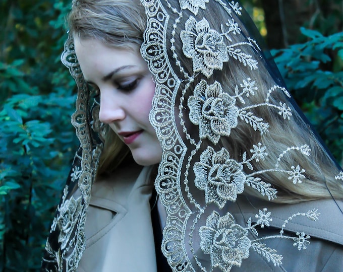 Evintage Veils~ Our Lady of Guadalupe Floral Gold & Black Embroidered D Shaped Veil~  Soft and Light!