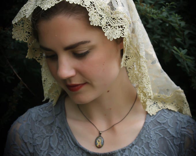 Evintage Veils~ St Therese Showers of Roses Golden Embroidered  Lace Princess Chapel Veil Mantilla