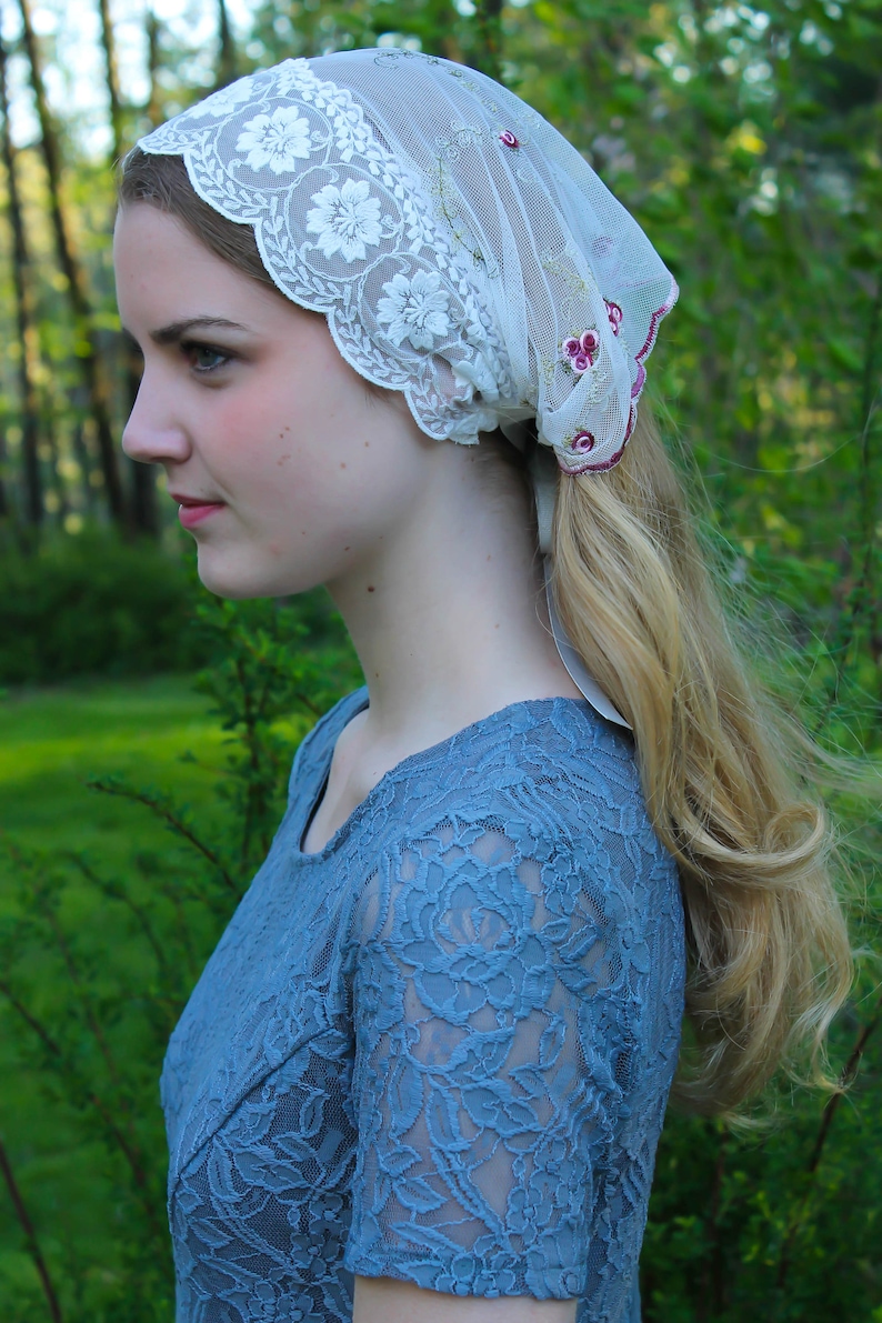 Evintage Veils St. Therese Little Flower& Lace Vintage-Inspired Headband Kerchief Tie-style Head Covering Church Veil image 5