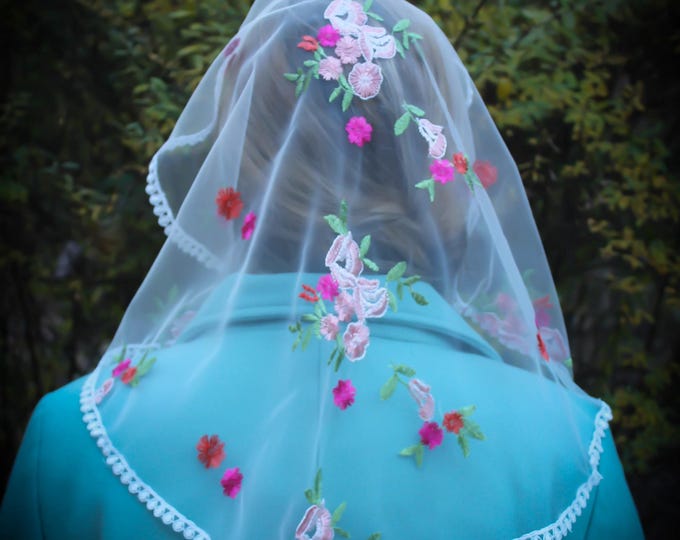 Evintage Veils~ Floral "Joyful Mysteries"  Princess Style Traditional Catholic Embroidered  Lace  Mantilla Chapel Veil