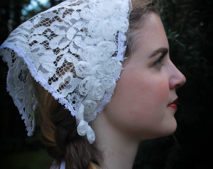 Evintage Veils~ So Soft  White Rose Kerchief Lace Tie-style Head Covering Church Veil