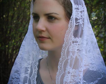 Evintage Veils~  White Floral Lace Vintage Inspired Lace Chapel Veil Scarf Mantilla Wrap Shawl