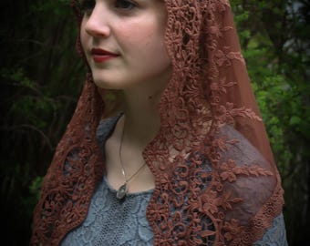 Evintage Veils~ Traditional Soft Lace French Chapel Veil Soft Brown Mantilla: Triangle