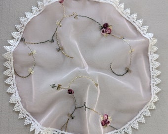 Evintage Veils: Vintage-Inspired  Pink St Therese Floral Lace/ White Venise Trim Chapel Cap Veil