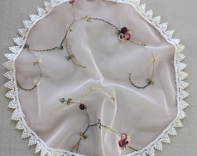 Evintage Veils: Vintage-Inspired  Pink St Therese Floral Lace/ White Venise Trim Chapel Cap Veil